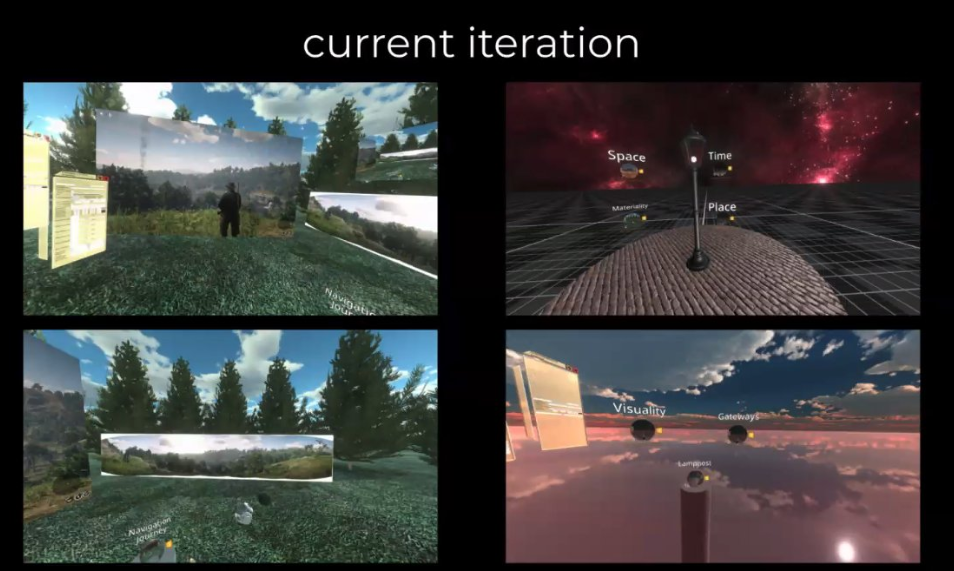 Panel of four virtual worlds visualizing theoretical ideas from architecture