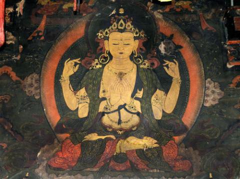 Detail of a mid- to late-18th century wall mural of Chenrézig Chakzhipa from Bhutan