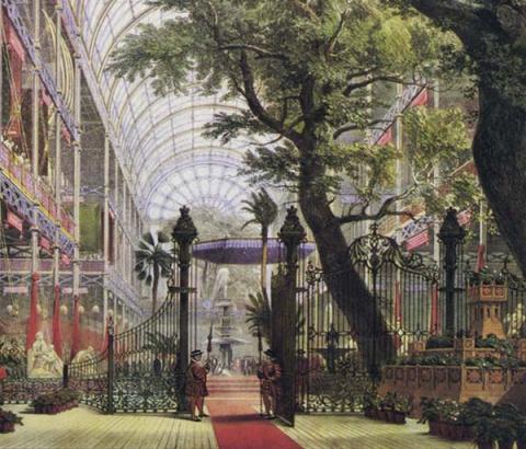 Color drawing of the inside of the 1851 Crystal Palace in London.