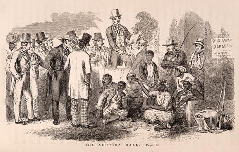Fullpage illustration by Hammatt Billings for Uncle Tom's Cabin [First Edition: Boston: John P. Jewett and Company, 1852]. Auctioneer, Hagar, Albert, Haley, other slaves and slave buyers. 