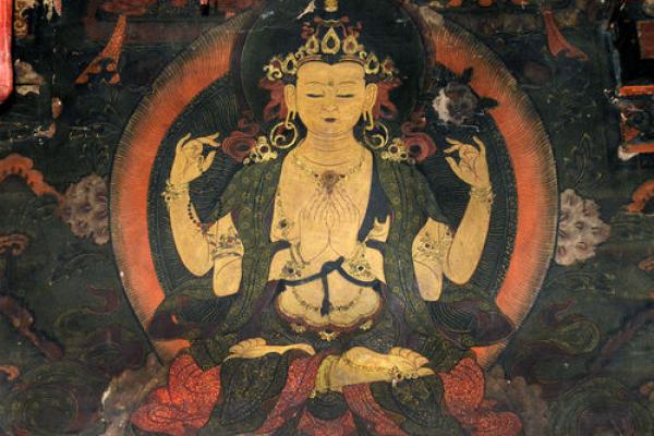 Detail of a mid- to late-18th century wall mural of Chenrézig Chakzhipa from Bhutan