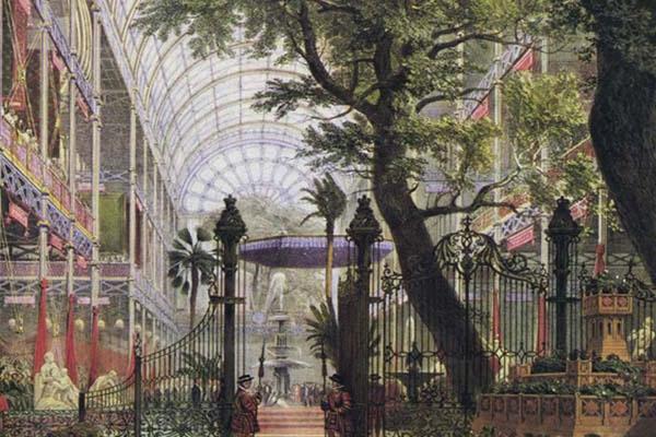 Color drawing of the inside of the 1851 Crystal Palace in London.